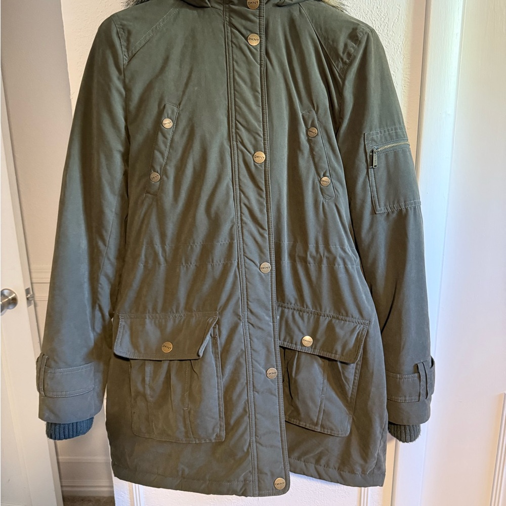 DKNY Olive Quilted Jacket with Cream Lining